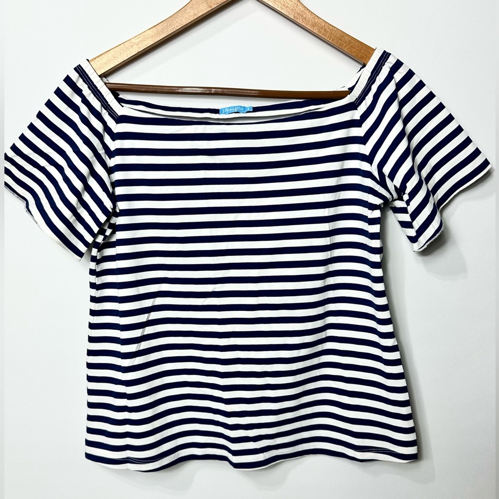 J.McLaughlin Blue Navy White Striped Scalloped Trim Square Neck size Small - Picture 2 of 13